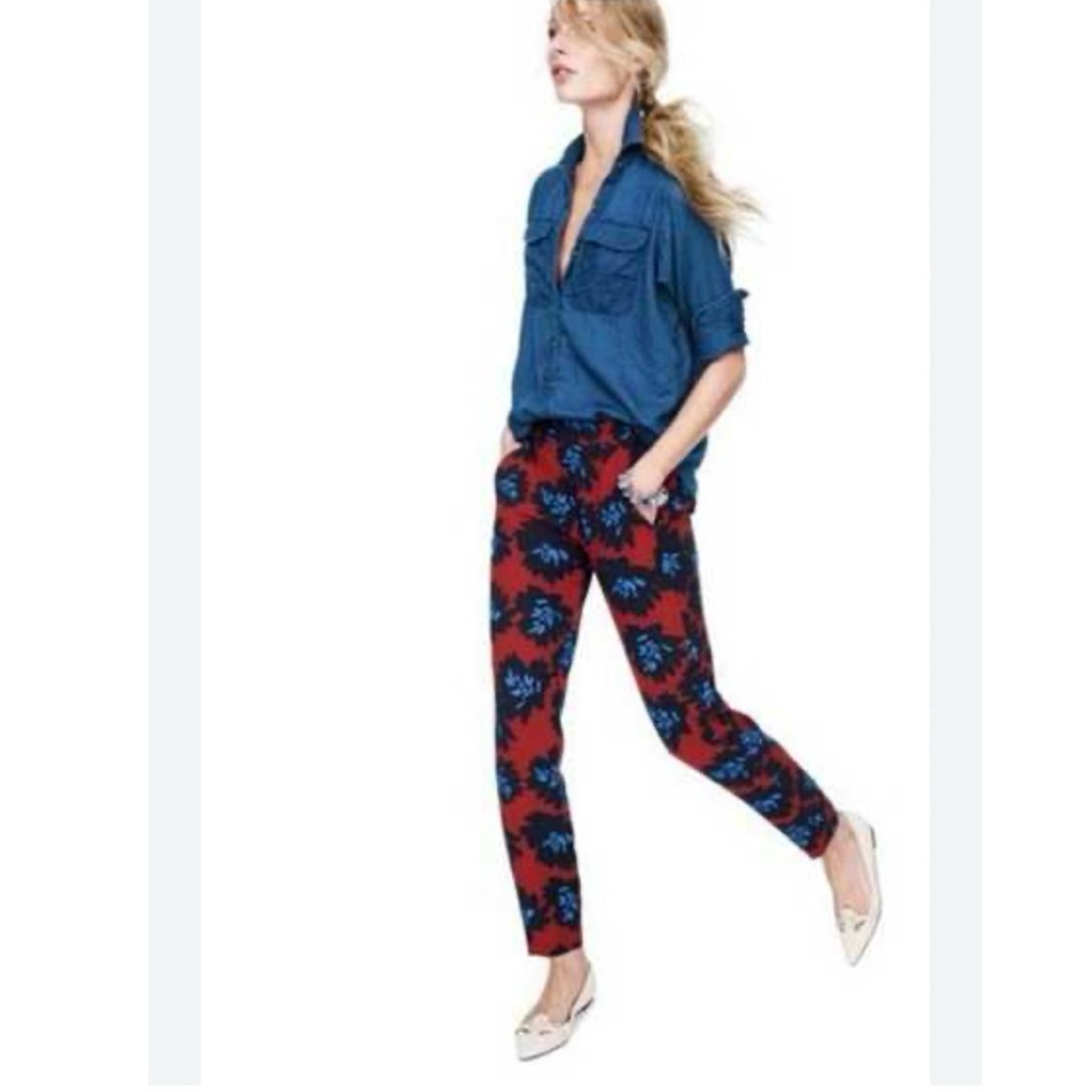 J.Crew Firework Floral Pants SZ 6 Blue/Red High Rise Casual Boho Preppy